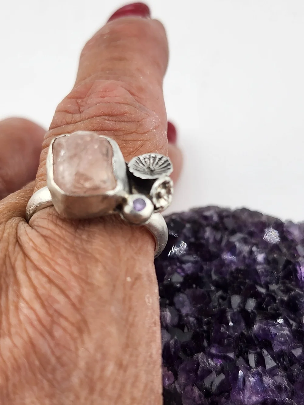 ROSE QUARTZ & AMETHYST FLOWER RING HANDMADE IN STERLING SILVER 7.5